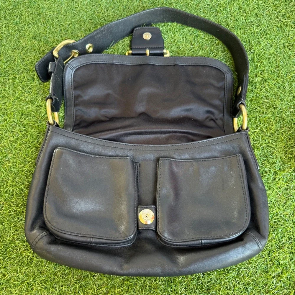 Vintage Y2K Coach Black Leather Soho Flap Shoulder Bag Brass Buckle Preppy